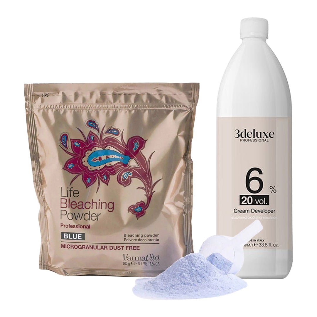 FarmaVita Life Bleaching Powder Blue Aluminium Bag + 3deluxe Professional Professional Cream Developer 20V 1000ml